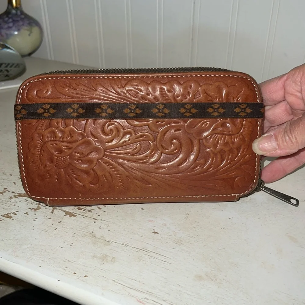 Patricia Nash Embossed Brown Leather Wallet zip around fold over